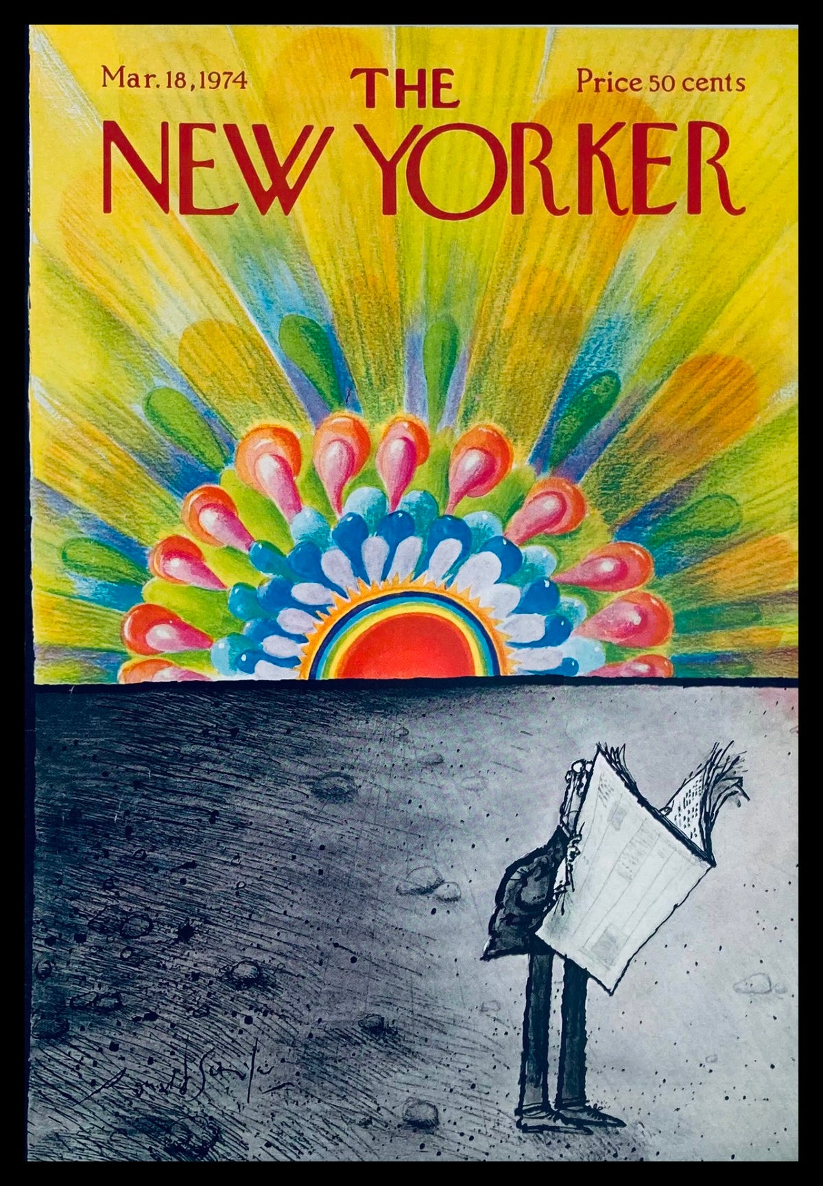 Cover of The New Yorker March 18, 1974, titled 'Sunrise' by Ronald Searle, featuring vibrant colors and artistic illustrations.