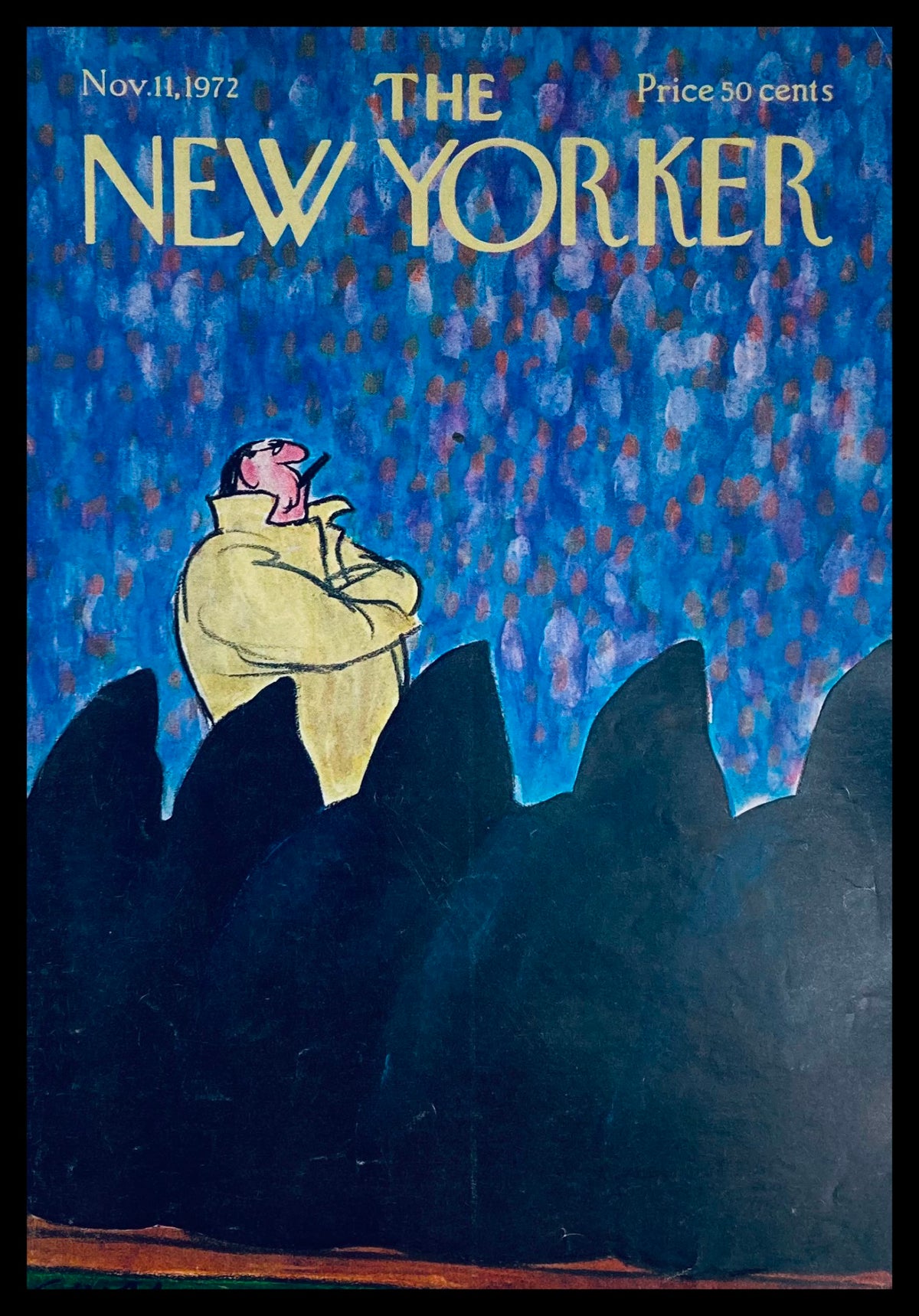 Cover of The New Yorker dated November 11, 1972, featuring the illustration 'Man on a Hill' by Charles Saxon, showcasing a thoughtful man against a colorful abstract background.