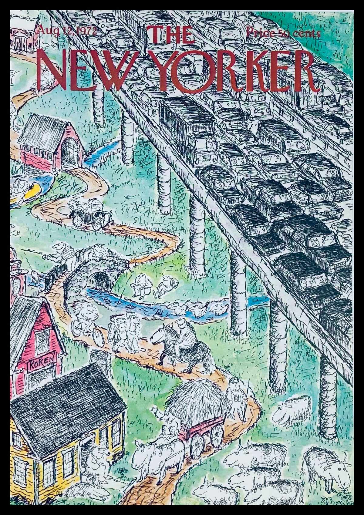 The New Yorker August 12 1972 Traffic Jam by Edward Koren, featuring a humorous illustration of a traffic jam with cars on a bridge, farm animals on a winding path below, and colorful rural scenery.