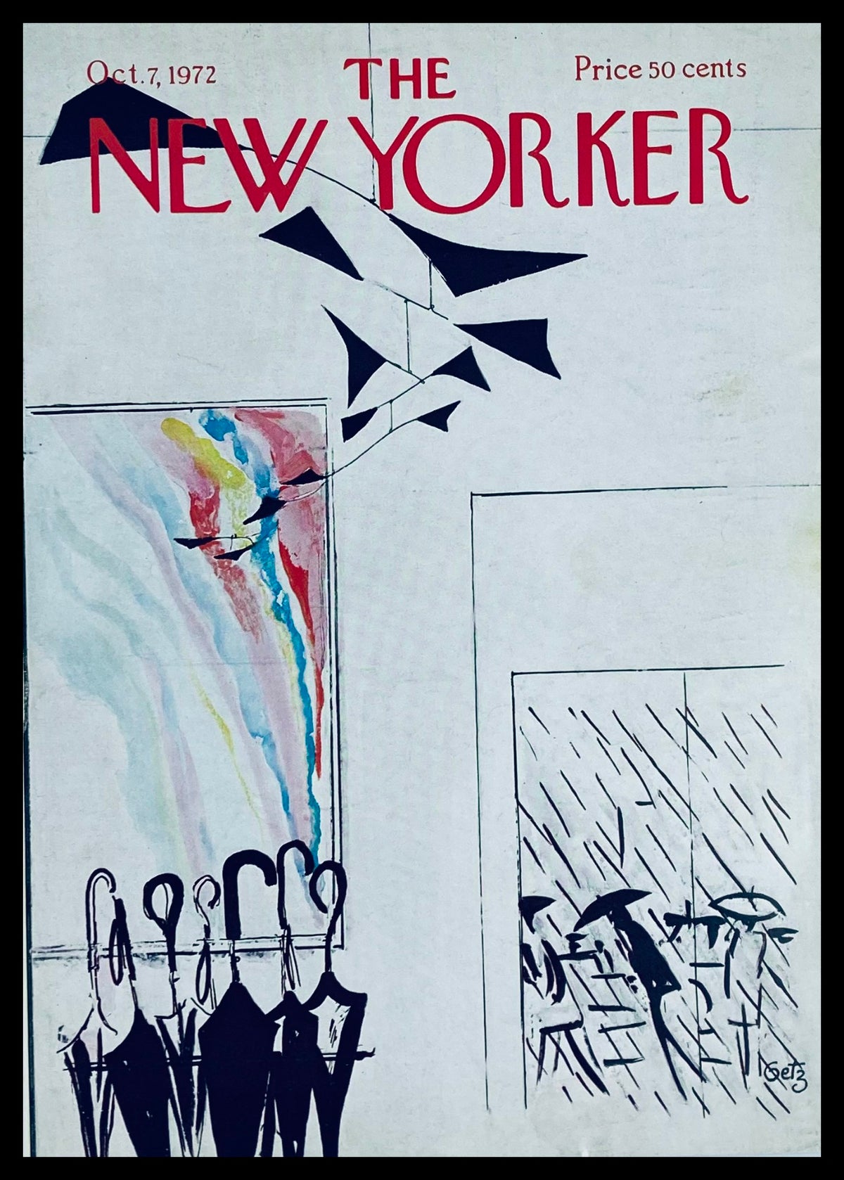 COVER ONLY The New Yorker October 7 1972 Art School by Arthur Getz, featuring an artistic illustration of umbrellas and abstract artwork, capturing the essence of vintage magazine design.