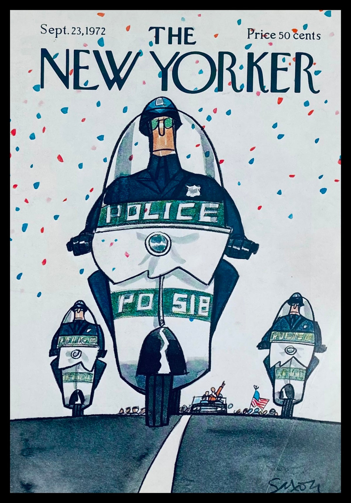 Cover of The New Yorker, September 23, 1972, featuring an illustration titled 'Police & Parade' by Charles Saxon, depicting motorcycle police amidst colorful confetti.