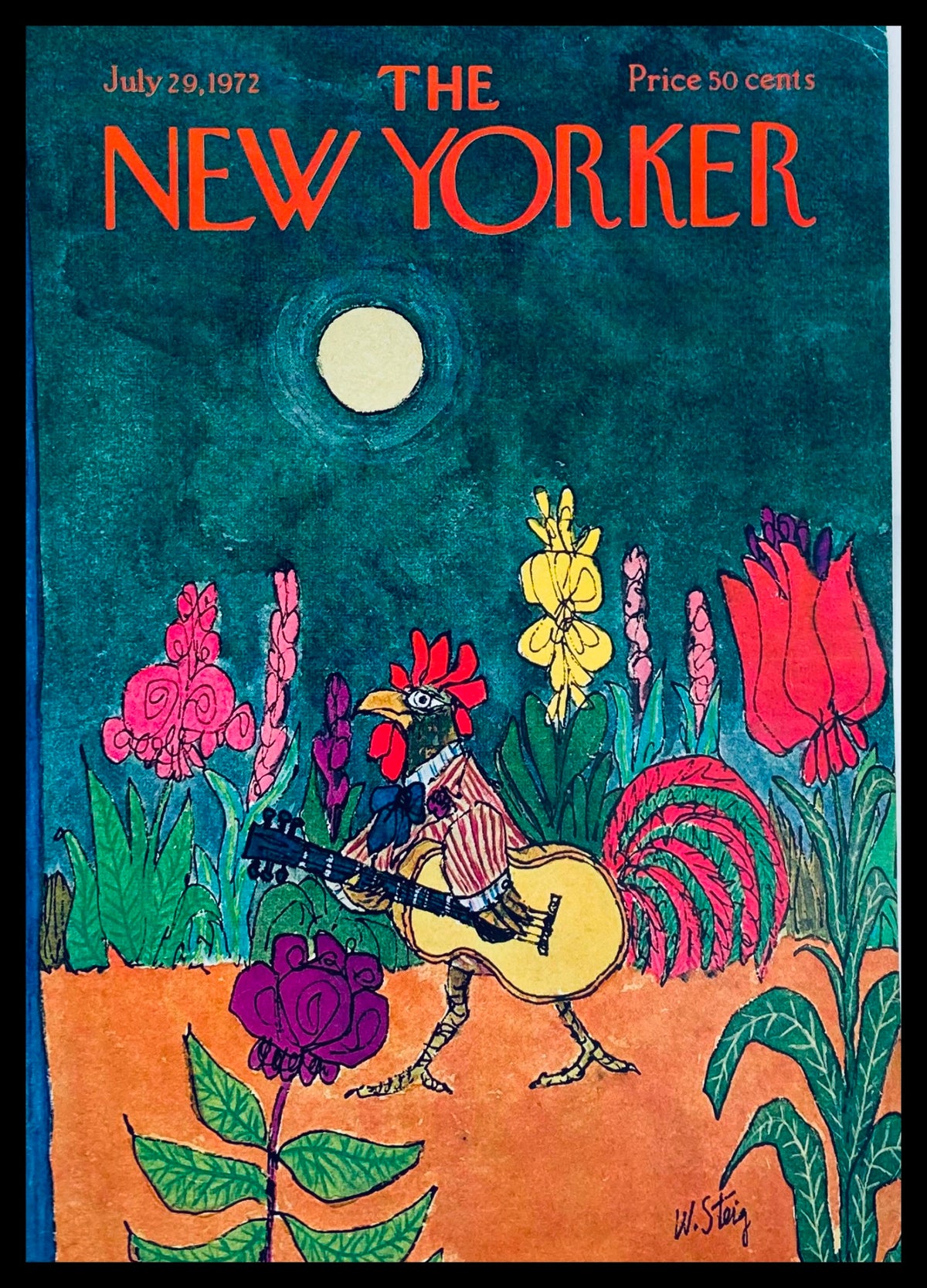 Cover of The New Yorker magazine dated July 28, 1972, featuring a whimsical Rooster Guitar Player illustration by William Steig surrounded by colorful flowers.