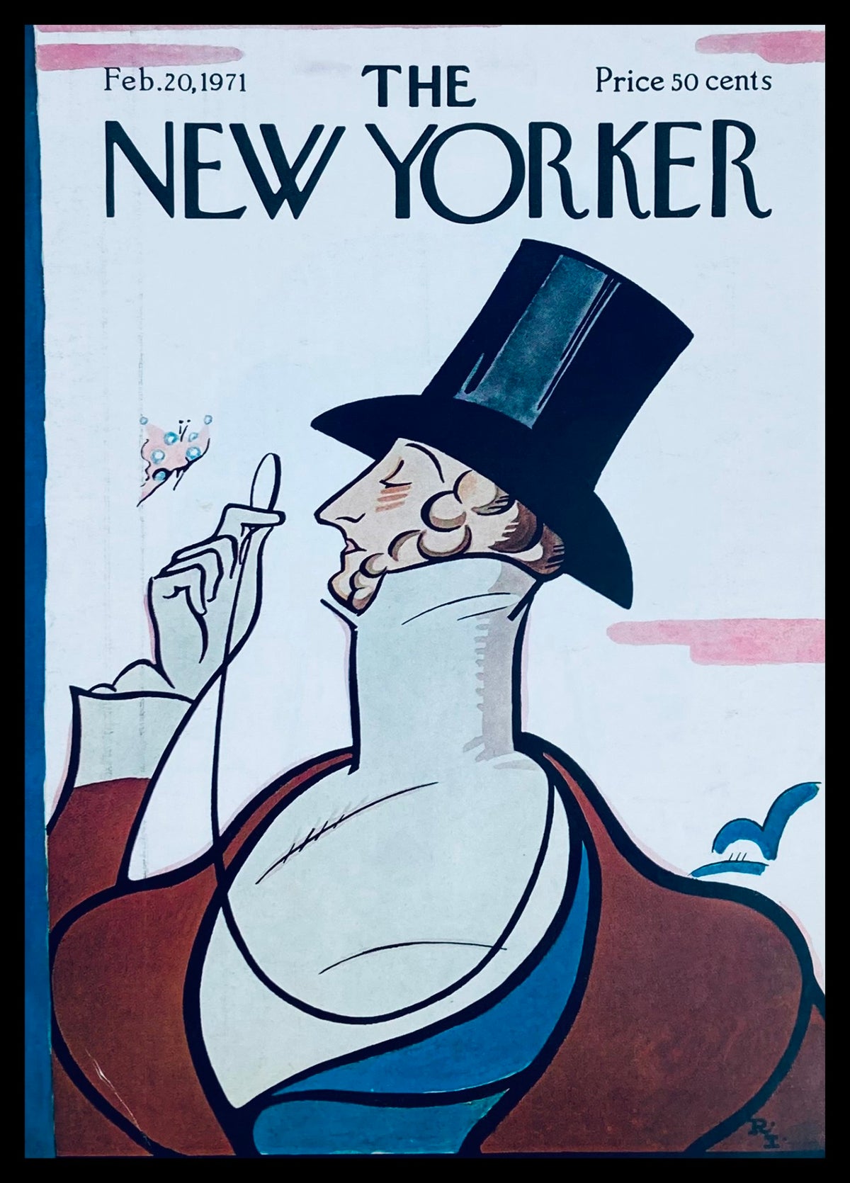 Cover of The New Yorker dated February 20, 1971, featuring 'The Gamemaster Tilley' illustration by Rea Irvin, showcasing a dapper figure in a top hat against a pastel background.