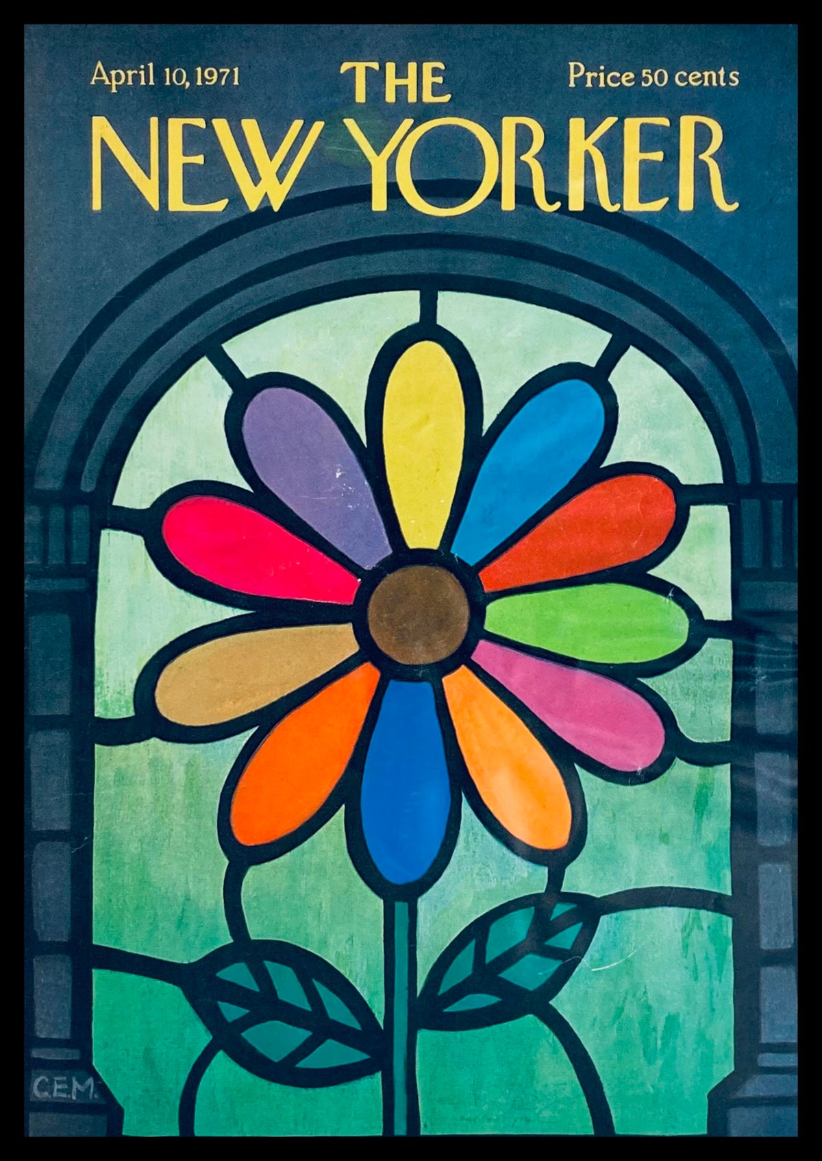 Cover of The New Yorker dated April 10, 1971 featuring the artwork 'Stained Glass Spring' by Charles E. Martin, displaying a vibrant floral design with colorful petals set against a dark background.