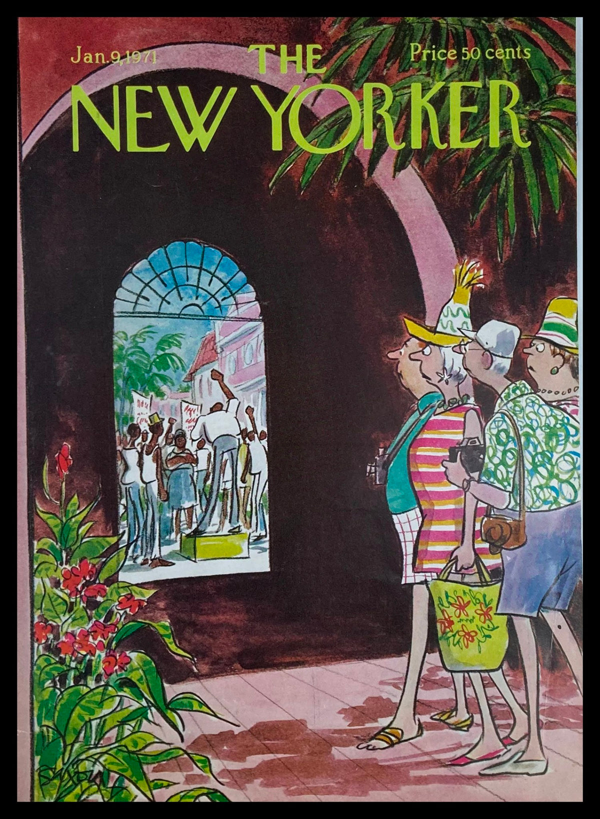 COVER ONLY The New Yorker January 9 1971 featuring Caribbean Tourists illustration by Charles Saxon, depicting tourists observing a lively scene through an arched window.