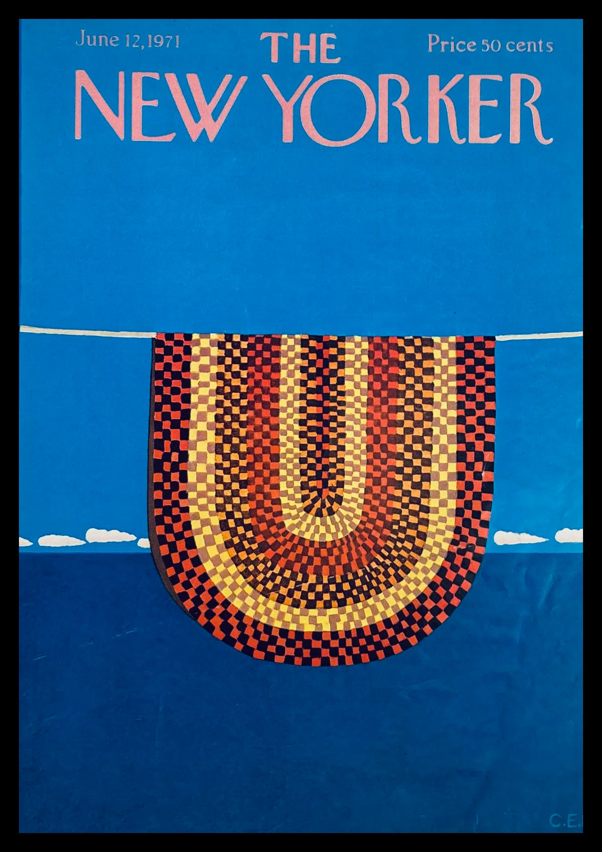 The New Yorker June 12 1971 Hanging Rug cover designed by Charles E. Martin, featuring a vibrant geometric rug design against a blue background.