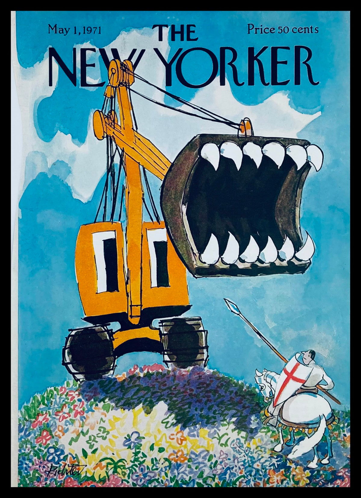Cover of The New Yorker dated May 1, 1971, featuring 'Angry Crane' by Mischa Richter, depicting a colorful construction vehicle with a dramatic open mouth set against a blue sky and blooming flowers.
