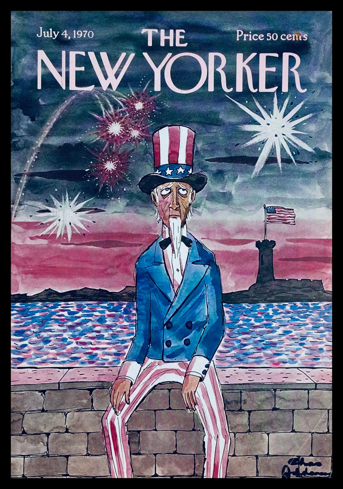 Cover art of The New Yorker July 4 1970 titled 'Uncle Sam's July' by Chas Addams, featuring Uncle Sam against a colorful background of fireworks and the Statue of Liberty.