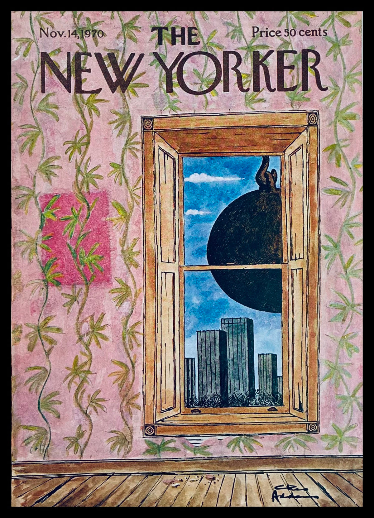 Cover of The New Yorker November 14, 1970 Wrecking Ball by Chas Addams, featuring a whimsical illustration of a wrecking ball viewed through a window with a patterned wall.
