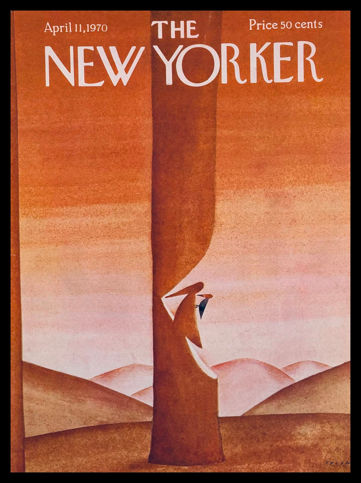 COVER ONLY The New Yorker April 11 1970 featuring a woodpecker illustration by Jean-Michel Folon, showcasing a whimsical artistic design in warm tones.