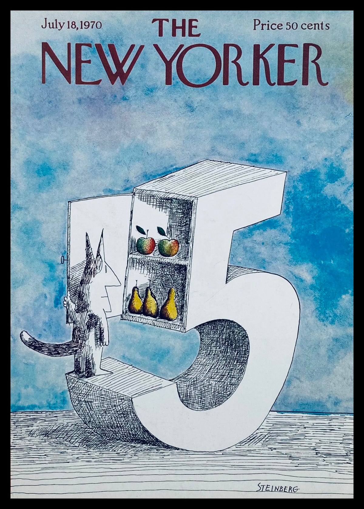 Cover art from The New Yorker, July 17, 1970, titled 'The 5 Fruits' by Saul Steinberg, featuring a stylized cat and abstract fruit display.