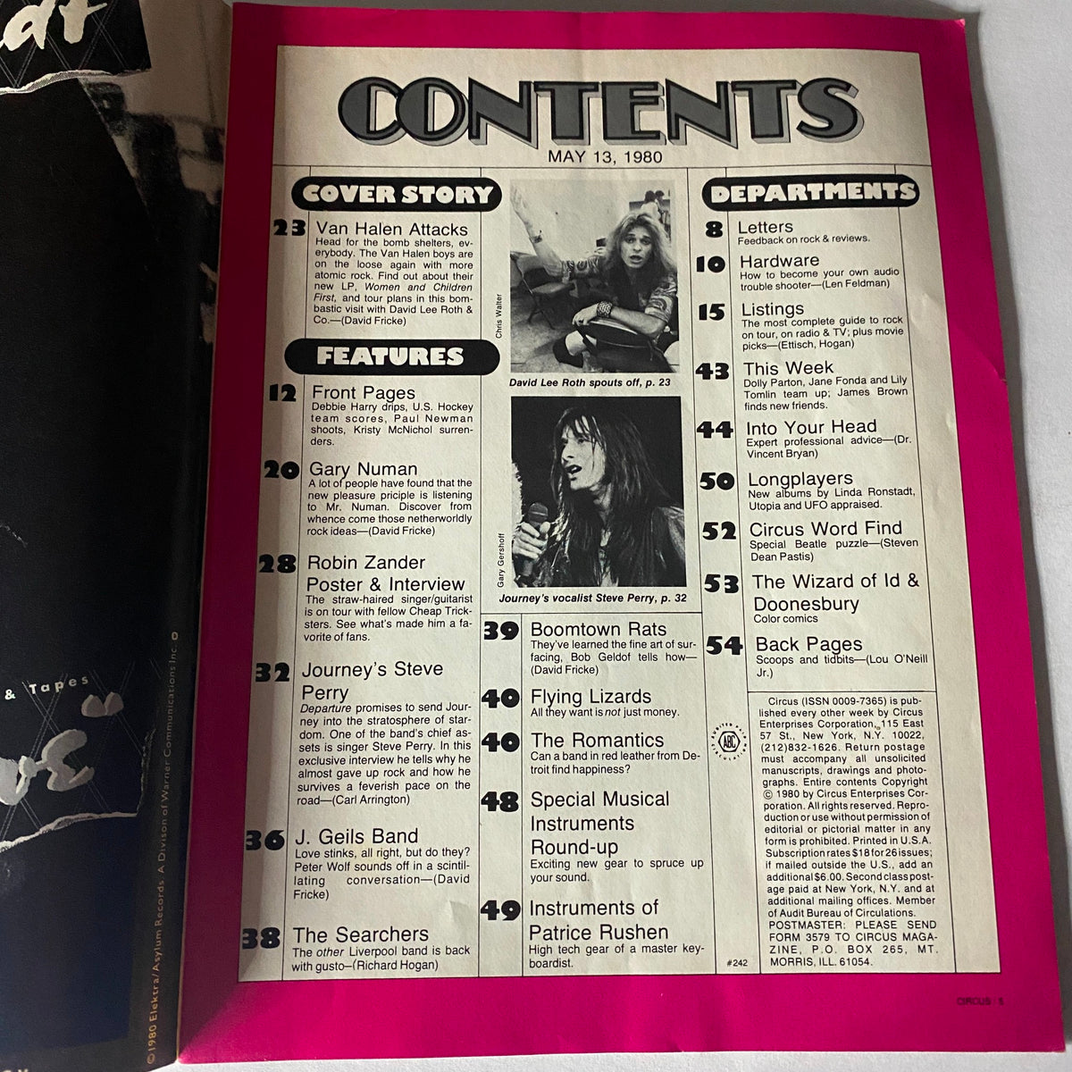 Inside contents page of VTG Circus Magazine May 13 1980, highlighting features on David Lee Roth, Gary Numan, and other rock artists.