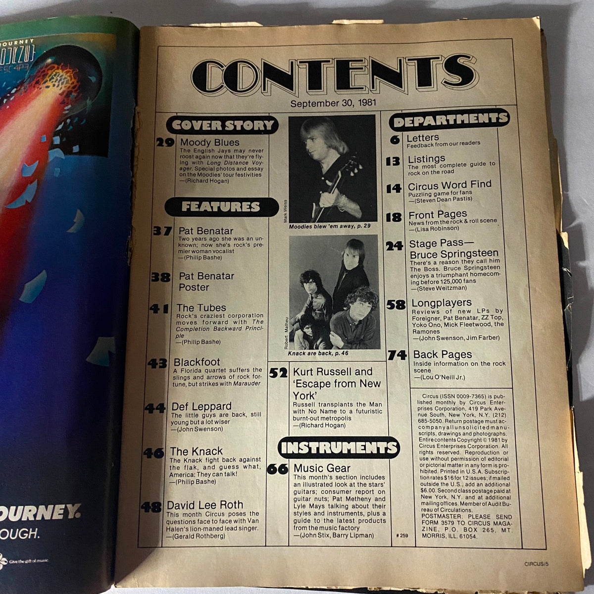 Contents page from the VTG Circus Magazine September 30 1981 featuring the cover story on the Moody Blues, articles on Pat Benatar, Def Leppard, and more. A vintage collectible snapshot of the early 80s music scene.