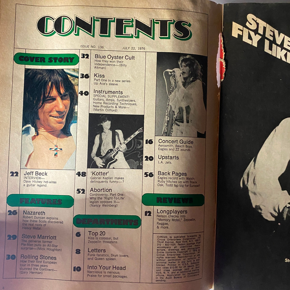 Inside contents page of VTG Circus Magazine July 22 1976, highlighting features including Jeff Beck's interview, cover story, and music industry topics.