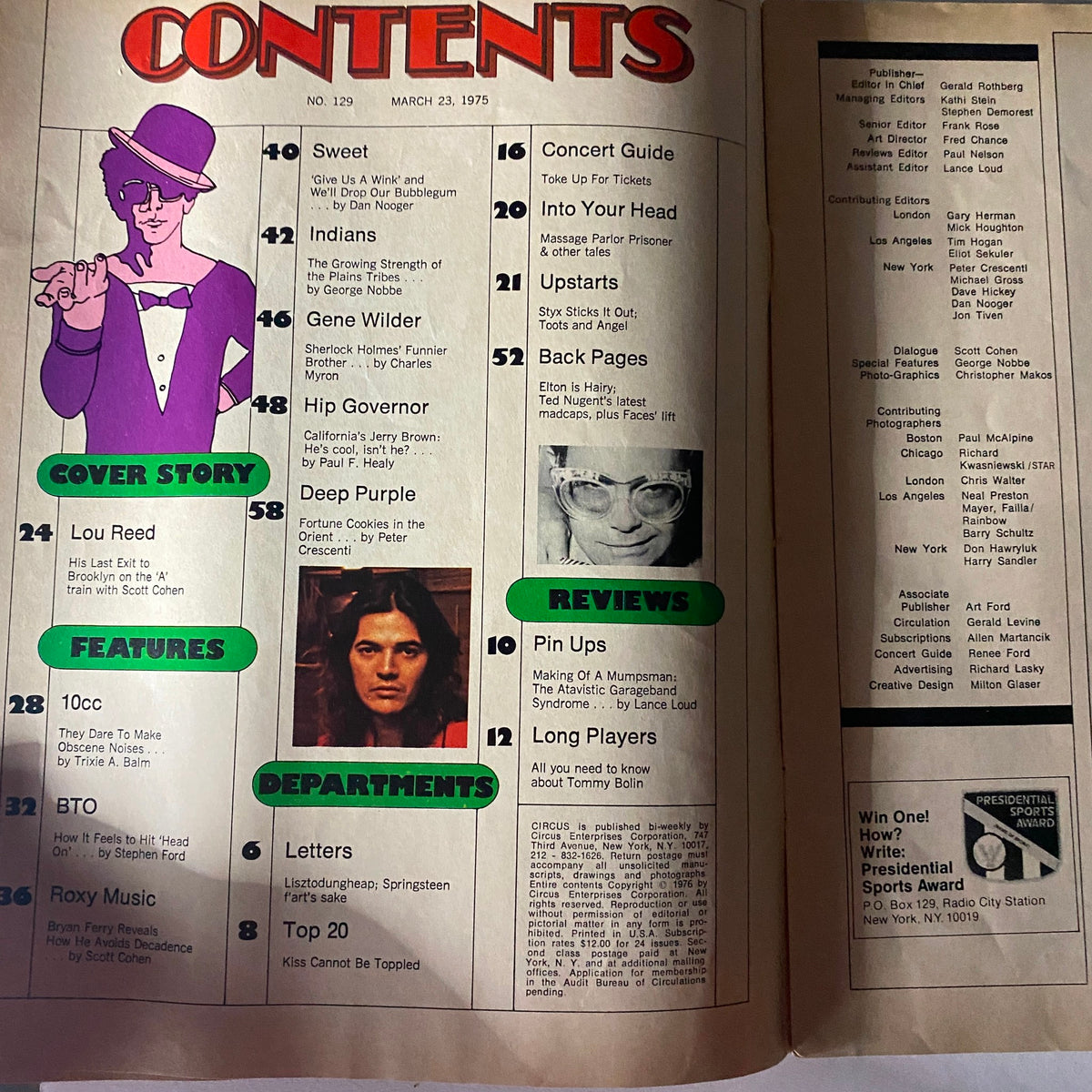 Contents page of VTG Circus Magazine March 23, 1975, showcasing articles and features including Lou Reed, Deep Purple, and a pin-up section. This page outlines the magazine's structure and highlights key topics of interest in music.