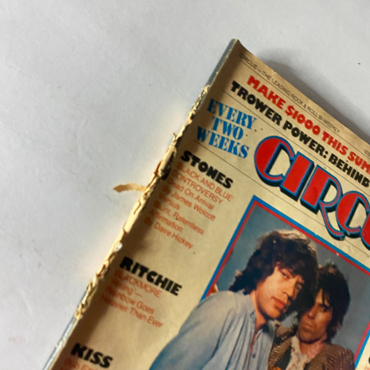 Close-up of the VTG Circus Magazine June 1 1976 cover showing details of Mick Jagger and Keith Richards, highlighting its vintage character.