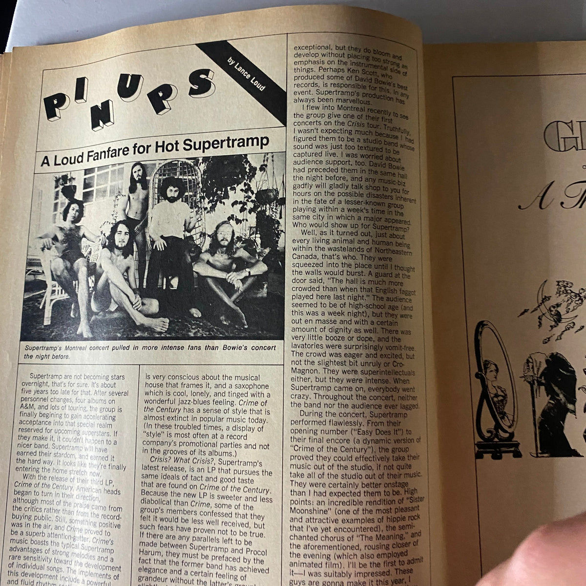 Interior page of VTG Circus Magazine June 1 1976 featuring an article titled 'A Loud Fanfare for Hot Supertramp'. The page includes a photo of the band Supertramp and text discussing their concert in Montreal.