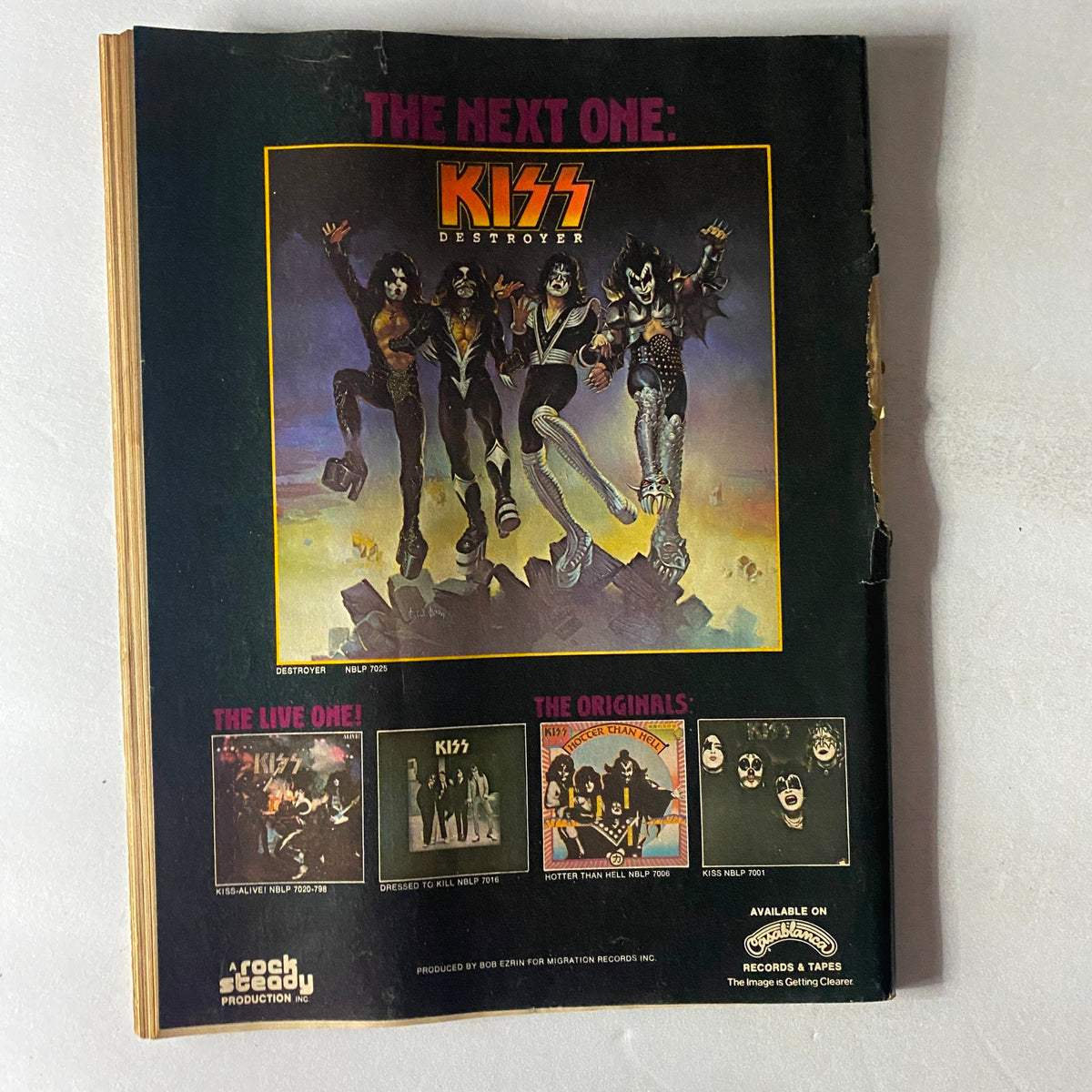 Back cover of VTG Circus Magazine June 1 1976 featuring the band KISS with the caption 'The Next One: KISS Destroyer'. The cover promotes several KISS albums and displays vibrant artwork of the band.