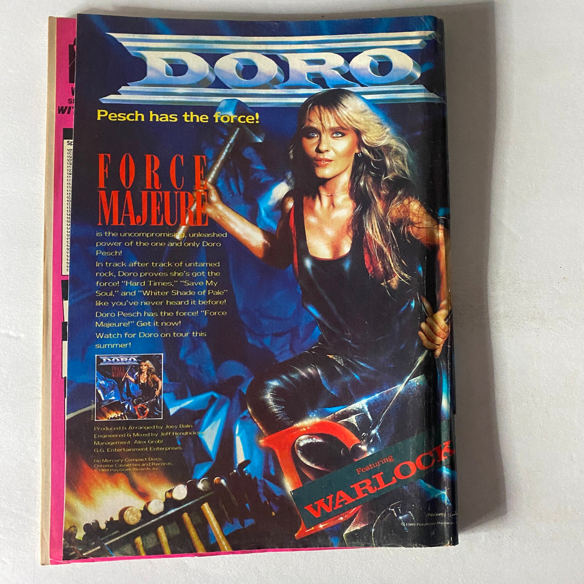 Advertisement page from VTG Faces Rocks Magazine June 1989 featuring Doro Pesch, promoting her album 'Force Majure' with vibrant visuals.