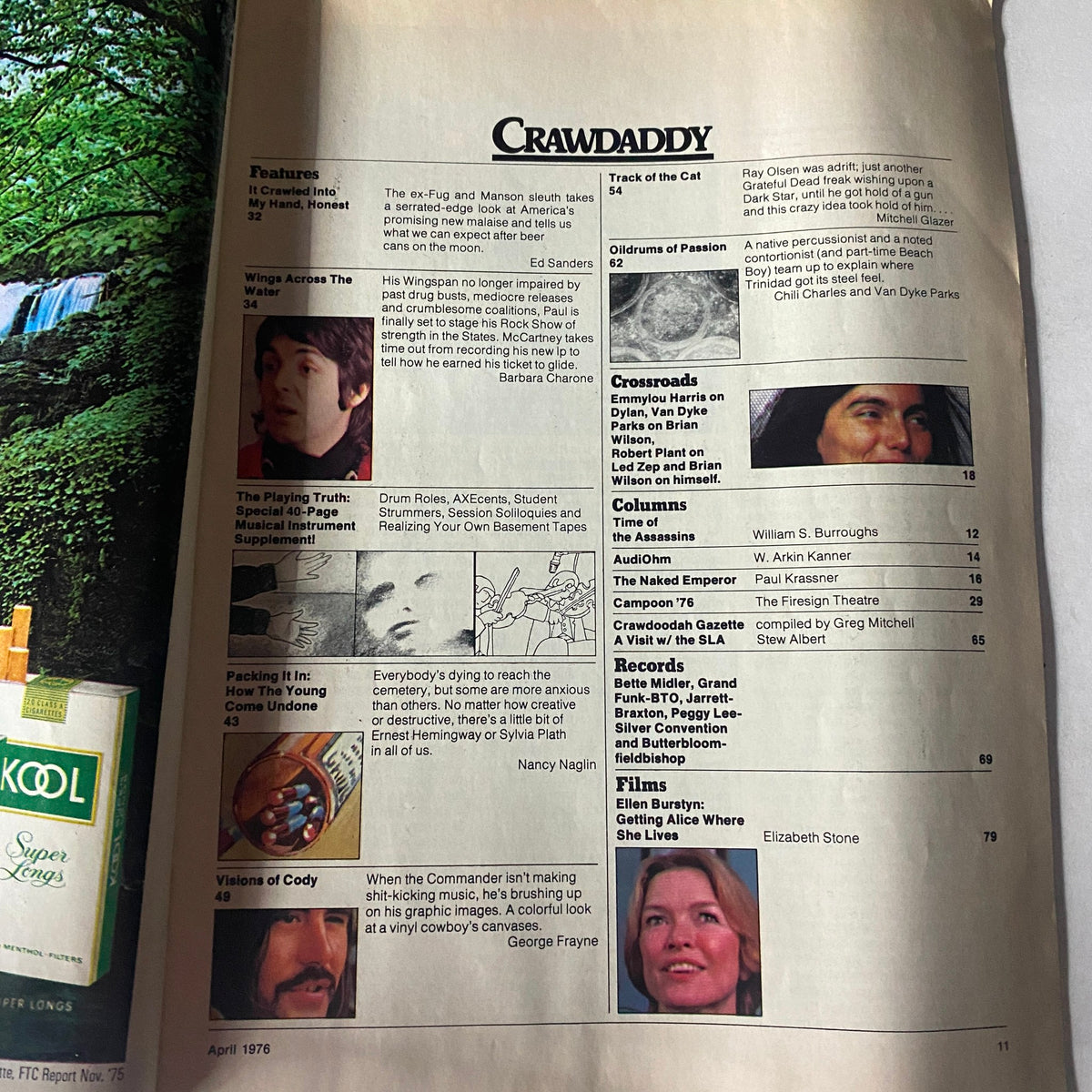 Inside page of VTG Crawdaddy Magazine April 1976 displaying the contents section, including articles and features related to Paul McCartney and his Wings Tour.