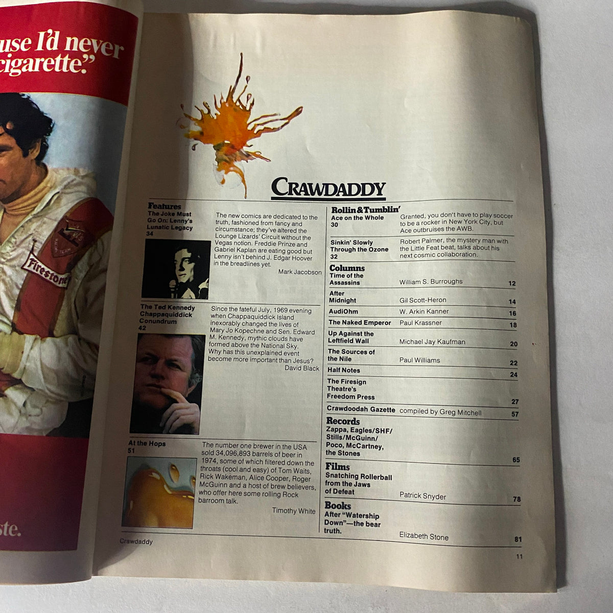 Interior page from Crawdaddy Magazine September 1975 highlighting features, including 'The Ted Kennedy Chappaquiddick Conundrum.' The layout showcases the content sections and notable contributors of this vintage publication.