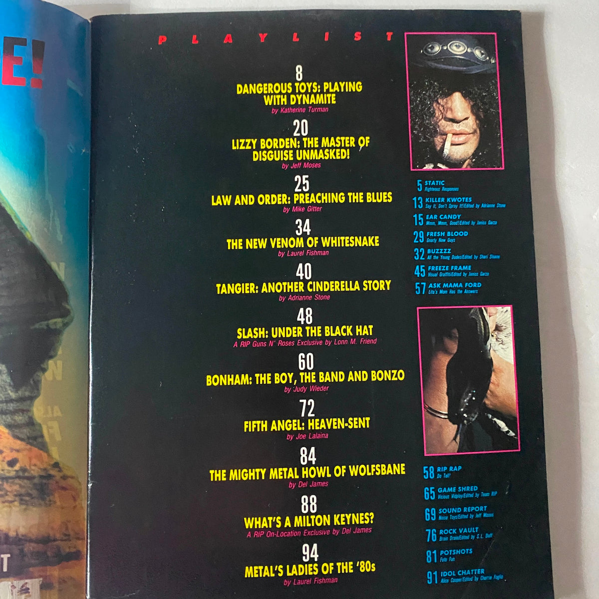 Inside page of VTG RIP Magazine February 1990 displaying the playlist with features on various bands, including Slash's two-column article titled 'Slash: Under the Black Hat.' An essential page for music enthusiasts.