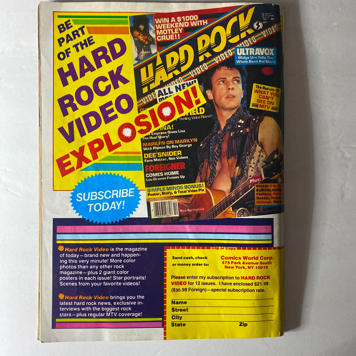 Back cover of Hard Rock Video Magazine January 1986 promoting subscriptions and rock music highlights. An engaging advertisement capturing the excitement of the 1980s rock culture.