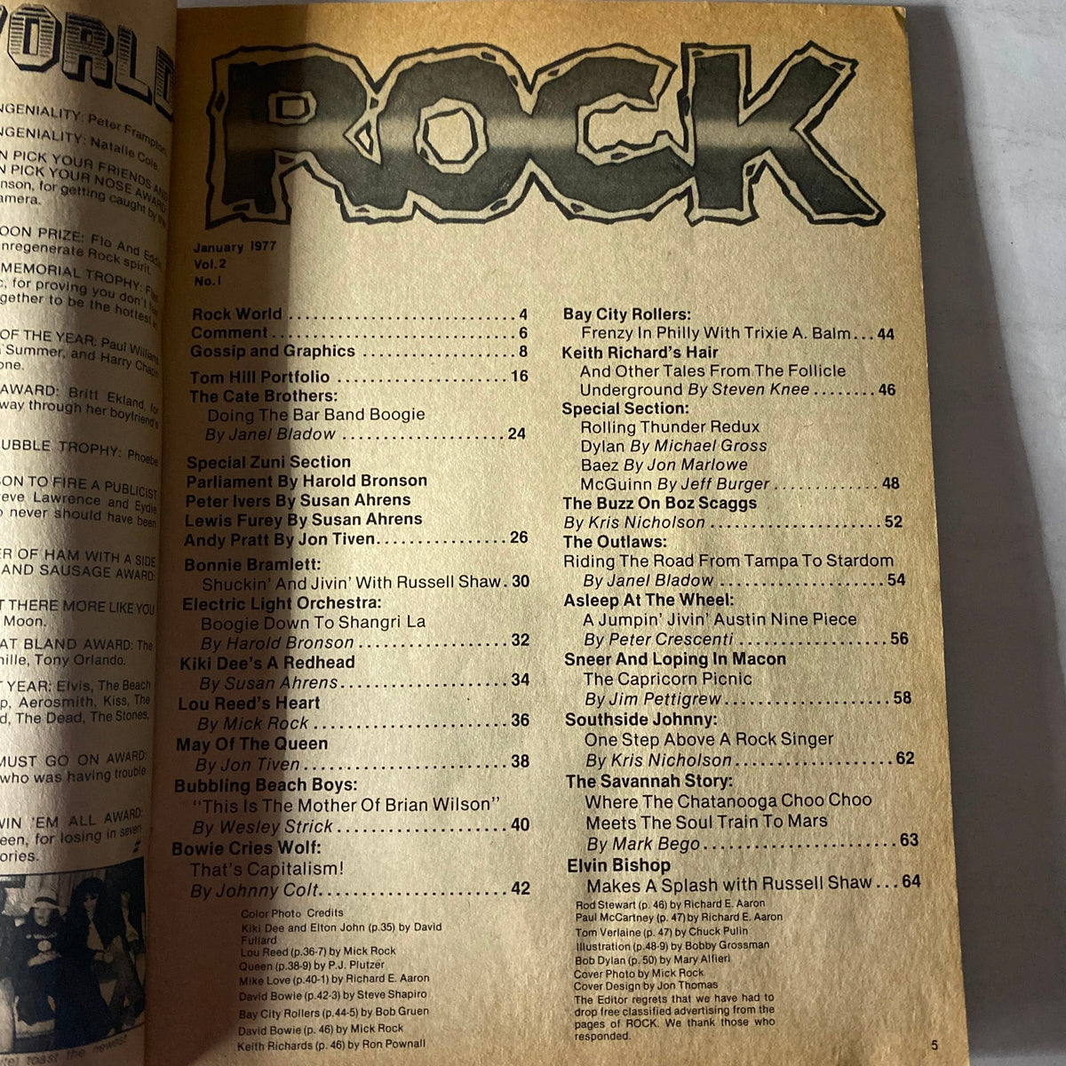 Table of contents from the VTG Rock Magazine January 1977 Vol 2 No. 1 Lou Reed, showcasing articles and features related to the vibrant rock scene of the era.