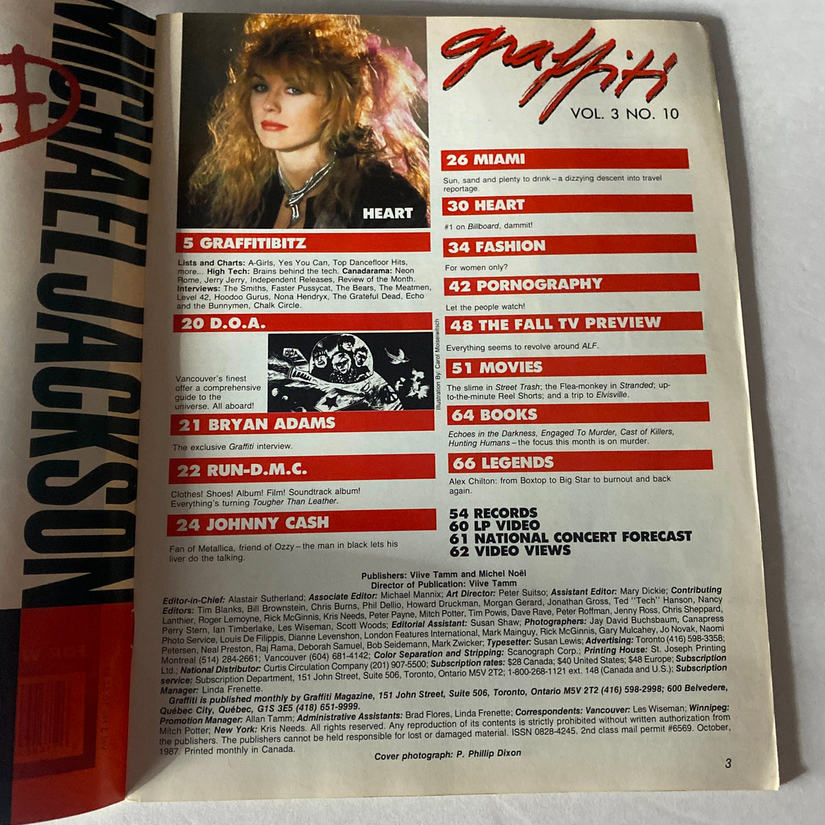 Interior page of VTG Graffiti Magazine October 1987 highlighting featured articles on Heart, Bryan Adams, Run-D.M.C., and Johnny Cash.