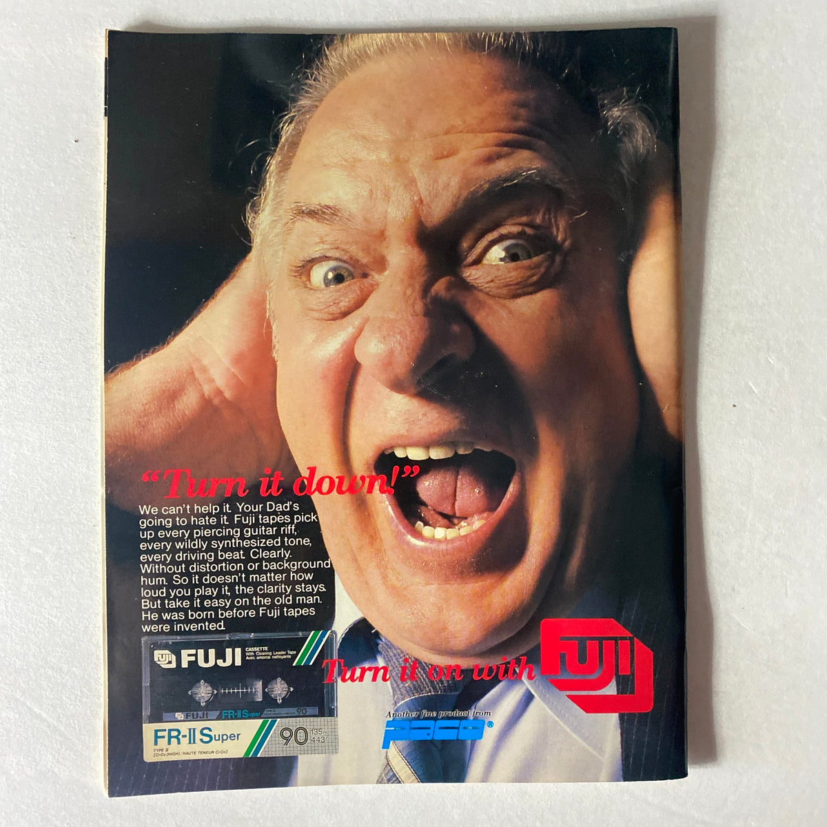 Advertorial back page of VTG Graffiti Magazine October 1987 with a humorous image and slogan for Fuji tapes, adding to the magazine's vintage appeal.