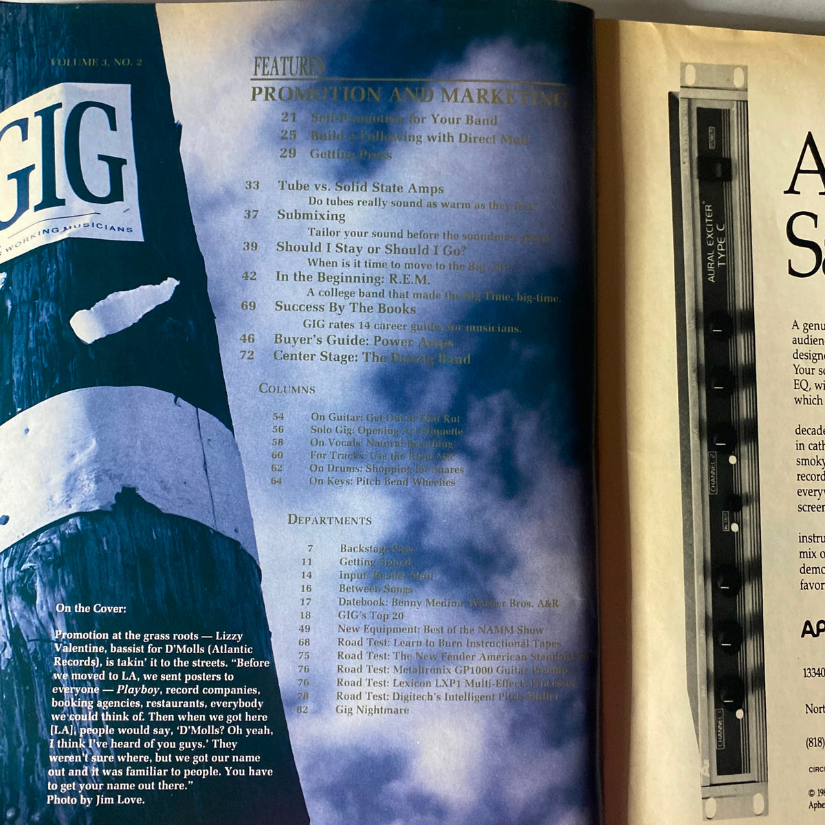 Inside spread of the April 1989 Working Musician magazine, showcasing contents related to promotion and marketing strategies for musicians and featuring a column about R.E.M.