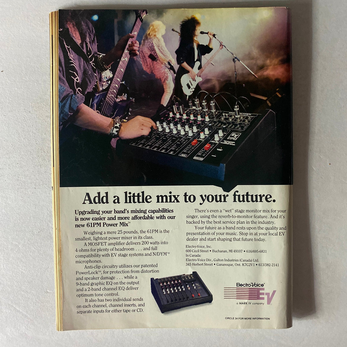 Vintage advertisement from the April 1989 Working Musician magazine promoting the 61PM Power Mix audio mixer for musicians, emphasizing enhanced mixing capabilities.