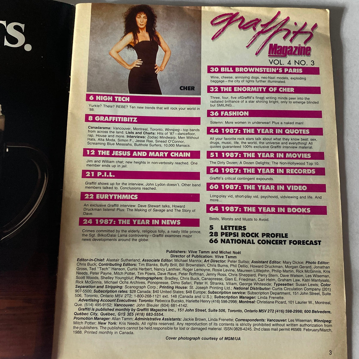 Inside page of VTG Graffiti Magazine February/March 1988, showcasing the table of contents with articles including 'The Enormity of Cher', capturing the essence of hip-hop and street art.