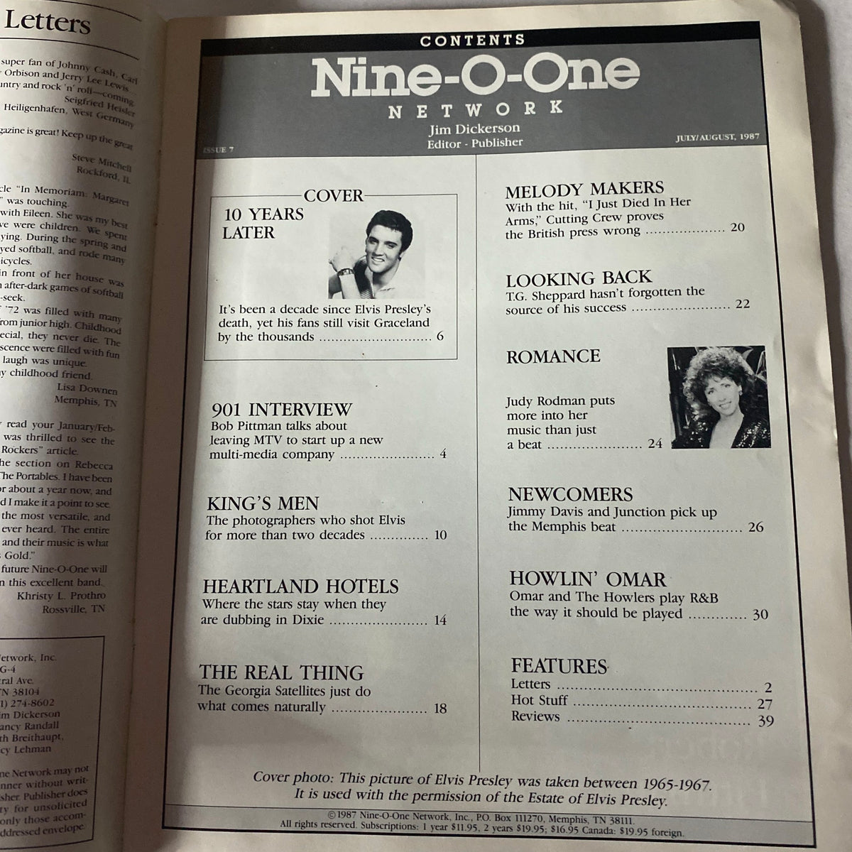 Contents page of the Nine-O-One Network Magazine July/August 1987, highlighting the feature article on Elvis Presley, along with other engaging topics like '901 Interview' and 'Romance'.