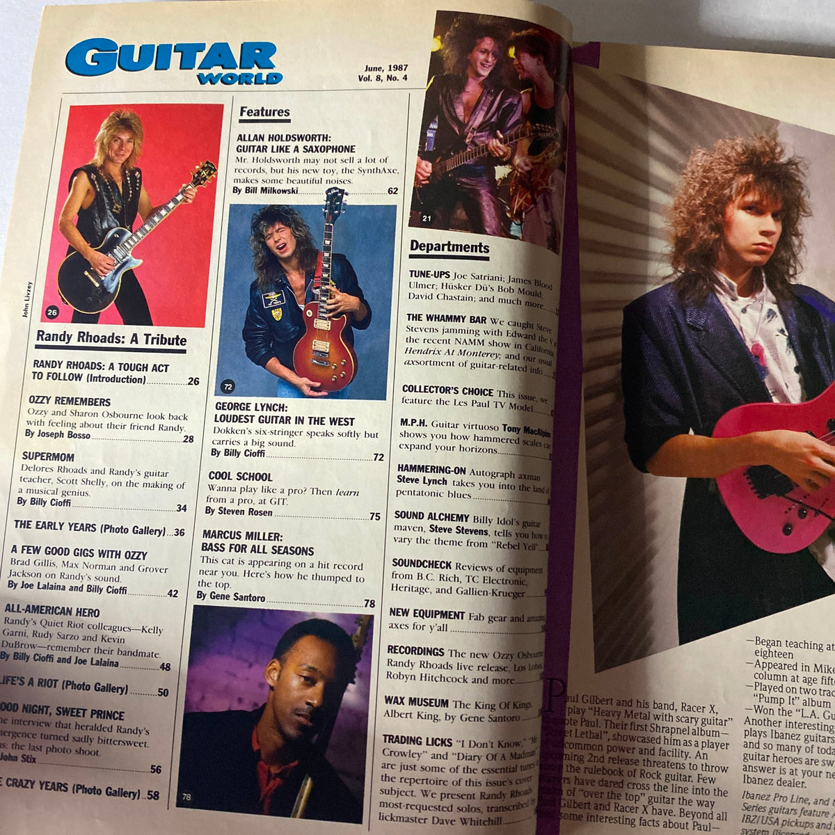 Inside page of VTG Guitar World Magazine June 1987 showcasing a tribute to Randy Rhoads with an article title and music features from the era.