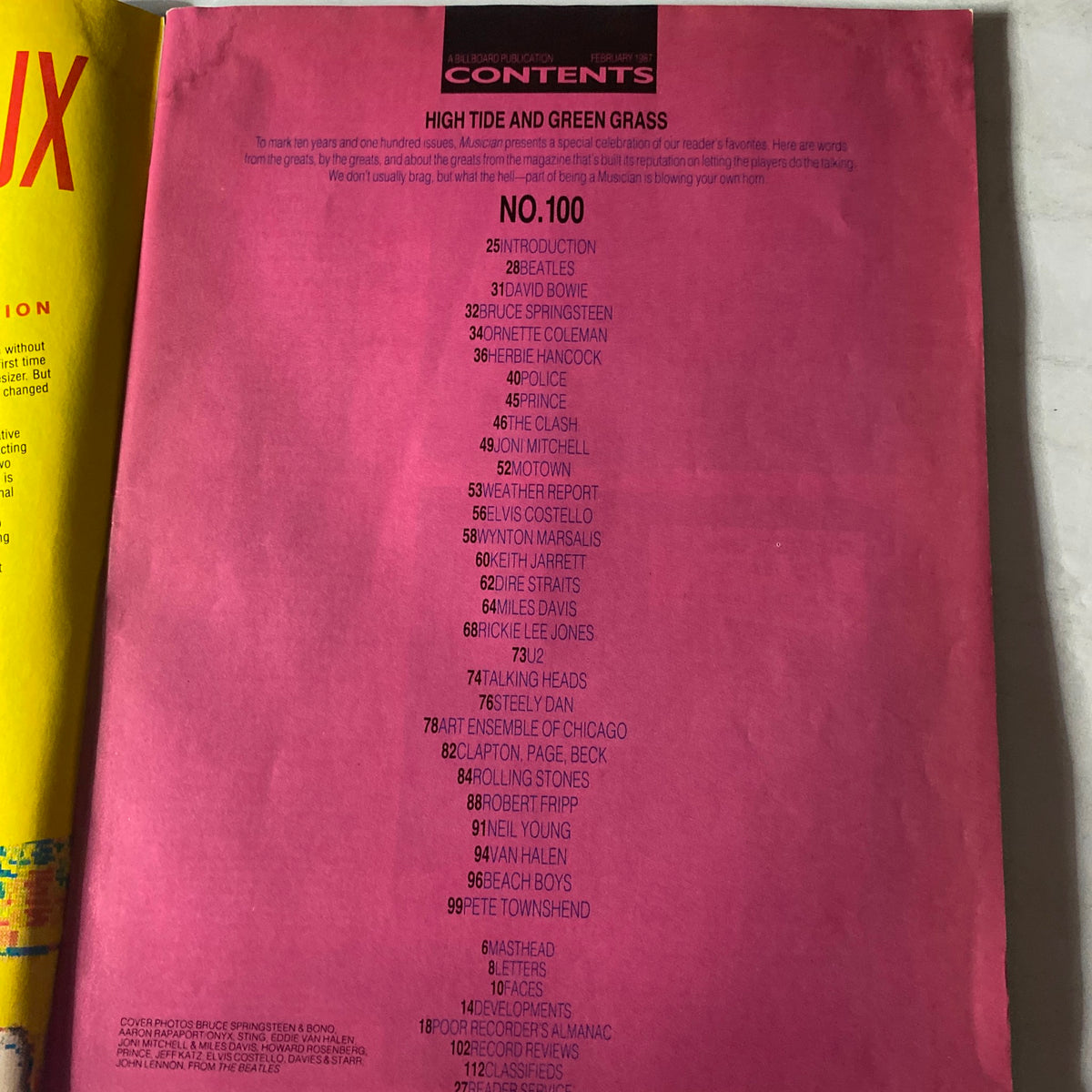 Contents page of VTG Musician Magazine February 1987 listing major articles and artists including David Bowie, Bruce Springsteen, and Ornette Coleman. Celebrated 100th issue of the magazine.