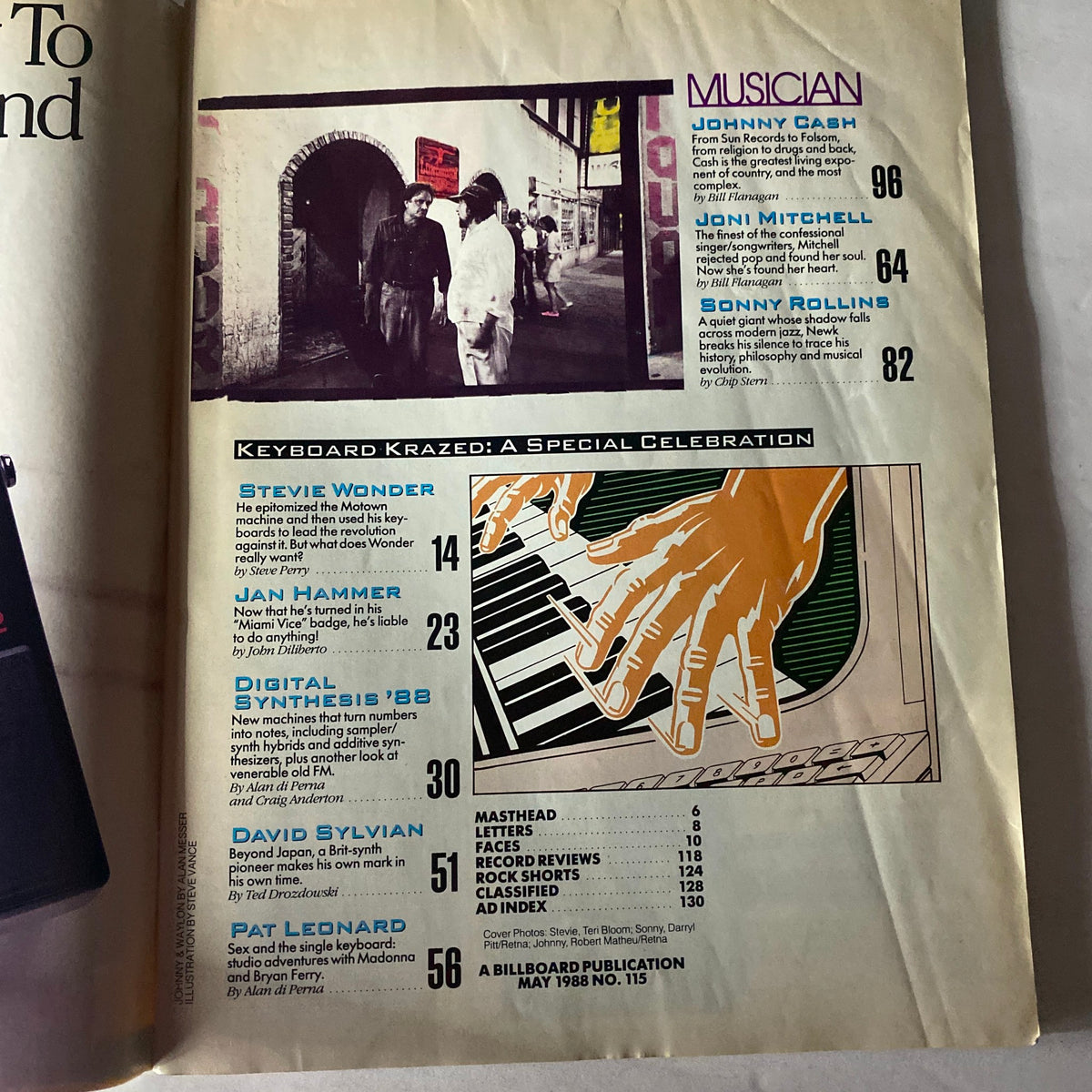 Inside page of VTG Musician Magazine May 1988 No. 115, highlighting articles on Johnny Cash, Joni Mitchell, and Sonny Rollins, with an emphasis on music history and keyboard special.