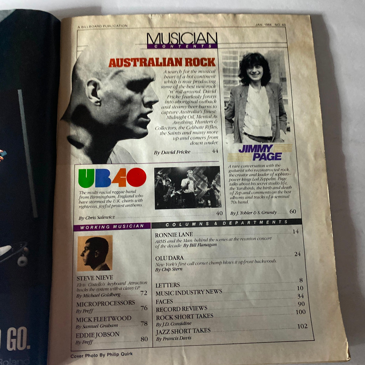 Inside contents page of VTG Musician Magazine January 1984 No. 63, highlighting articles by David Fricke on Australian rock, featuring details about UB40 and Jimmy Page.