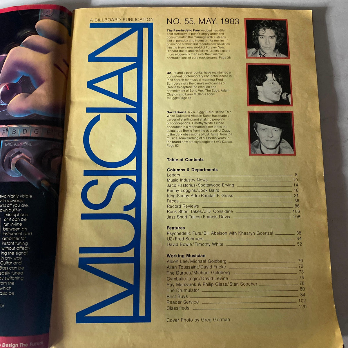 Inside page of VTG Musician Magazine May 1983 No. 55 displaying the table of contents, featuring sections on David Bowie and notable artists of the era.