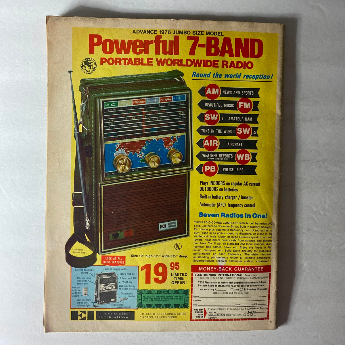 Vintage advertisement for a Powerful 7-Band Portable Worldwide Radio from 1976, illustrating the radio's features and price, part of a promotional offer.