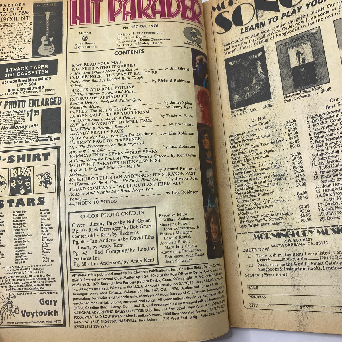 Interior page of VTG Hit Parader Magazine from October 1976 featuring the contents section, showcasing articles about Led Zeppelin and Paul McCartney, and information on music and culture of the 1970s.
