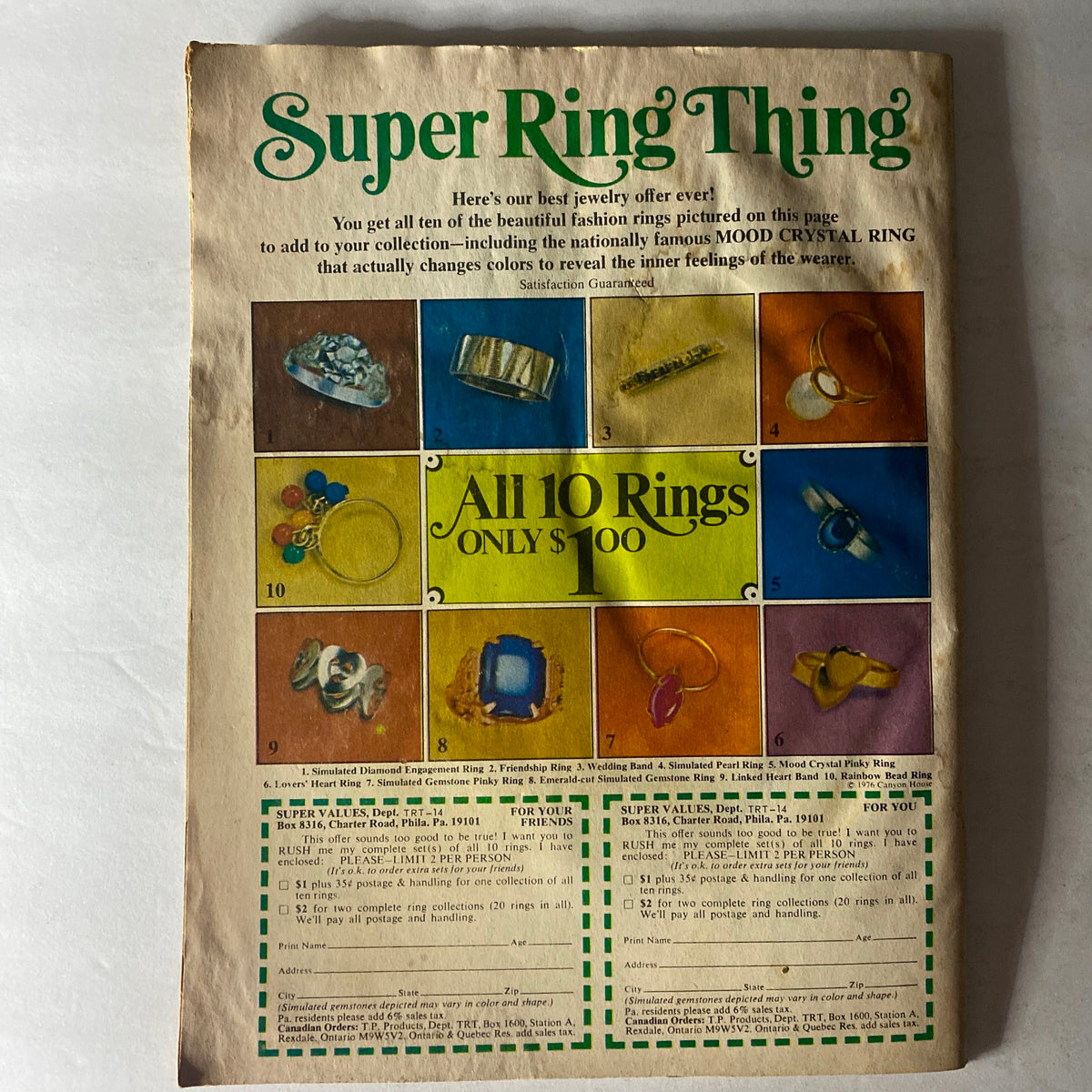 Back cover of VTG Hit Parader Magazine from October 1976 advertising various rings for sale, including mood rings, highlighting a nostalgic fashion trend from the 1970s.