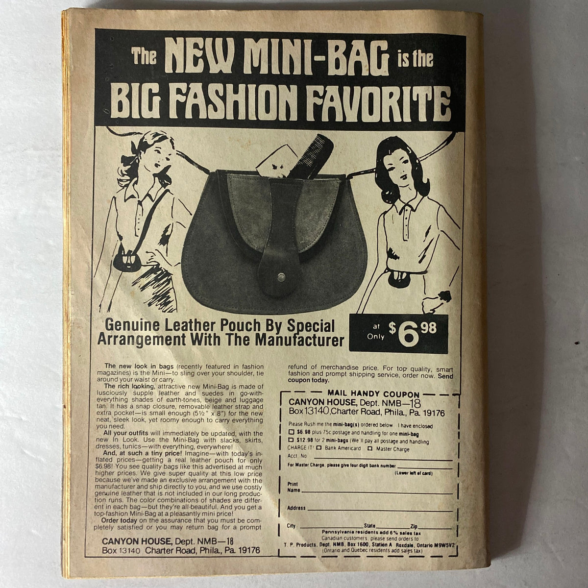 Back cover advertisement of VTG Hit Parader Magazine August 1976 promoting a genuine leather mini-bag, featuring a vintage design and fashion appeal.