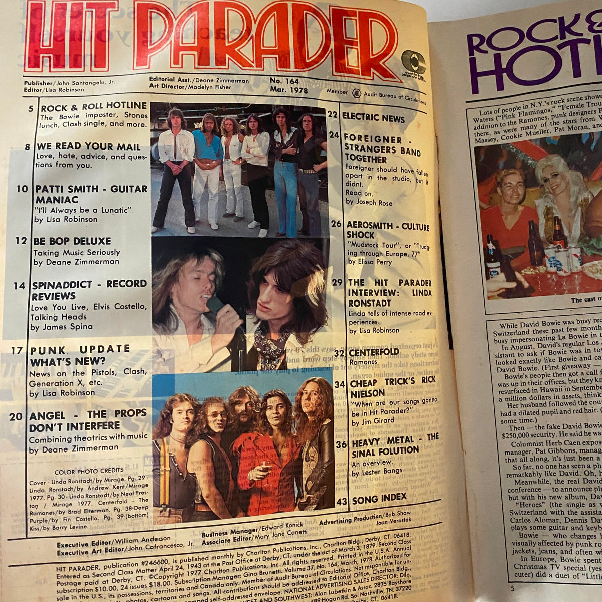 Hit Parader Magazine March 1978 cover page highlighting Linda Ronstadt interview and articles about popular rock bands and artists of the era.
