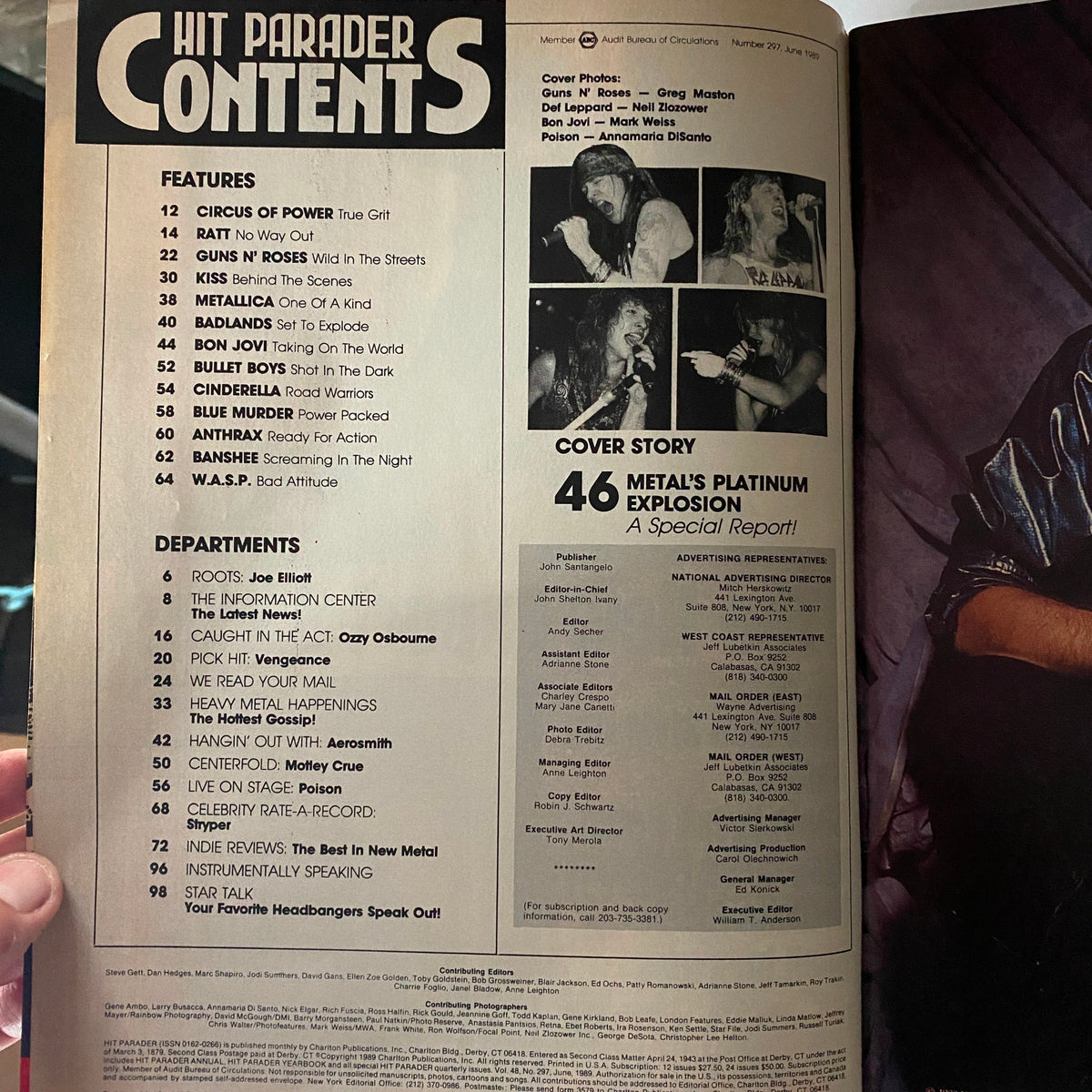 Contents page of VTG Hit Parader Magazine June 1989. Features include articles on bands like Bon Jovi and Guns N' Roses, with a special report titled 'Metal's Platinum Explosion'. The page highlights various sections and departments of the magazine.
