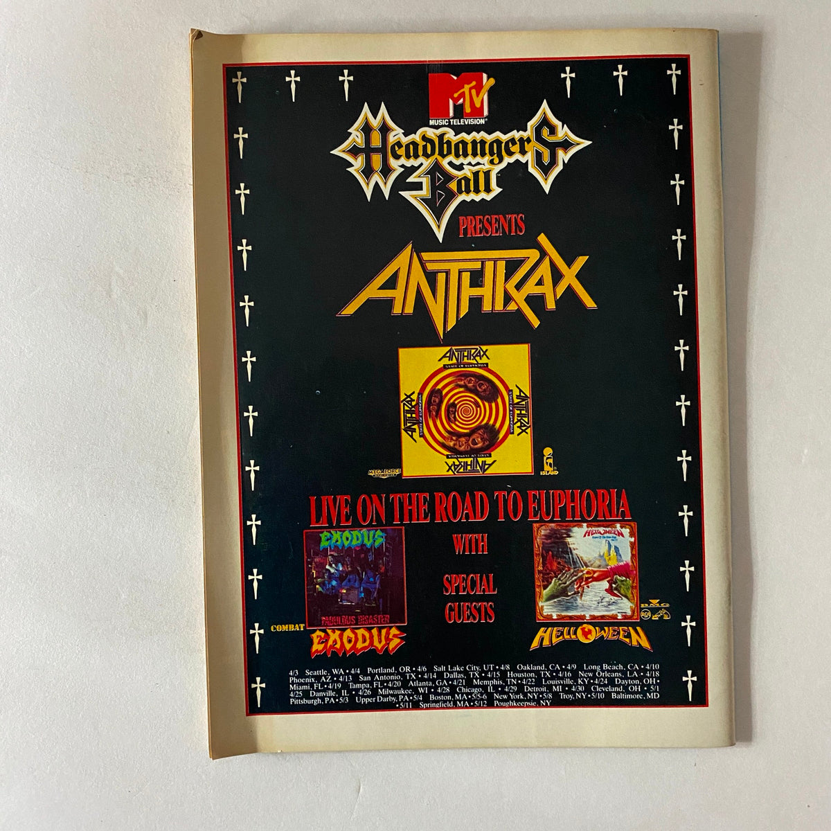 VTG Hit Parader Magazine June 1989 showcasing the advertisement for Anthrax's 'Live on the Road to Euphoria' concert, highlighting key details and special guests.
