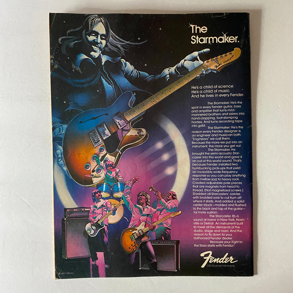 Vintage advertisement page featuring artwork of musicians and a guitar, promoting Fender instruments, appearing in the VTG Circus Magazine October 17 1978 KISS Times Tour.