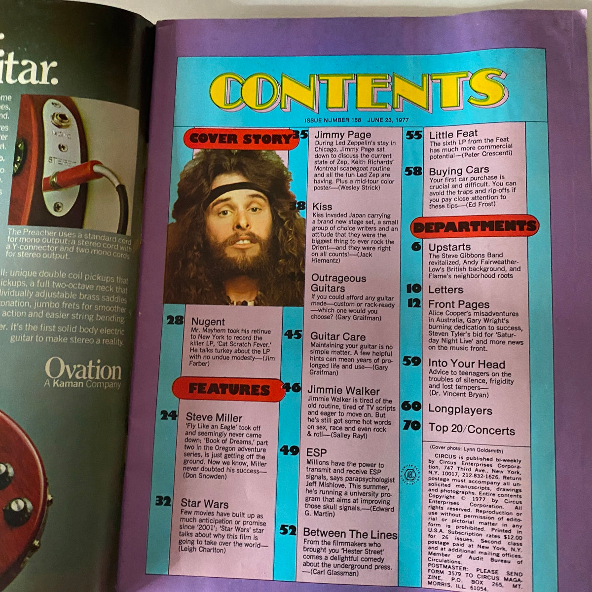 Contents page of VTG Circus Magazine June 23 1977, highlighting features on artists including Ted Nugent and Jimmy Page, alongside sections about guitar care and articles related to music culture of the late '70s.