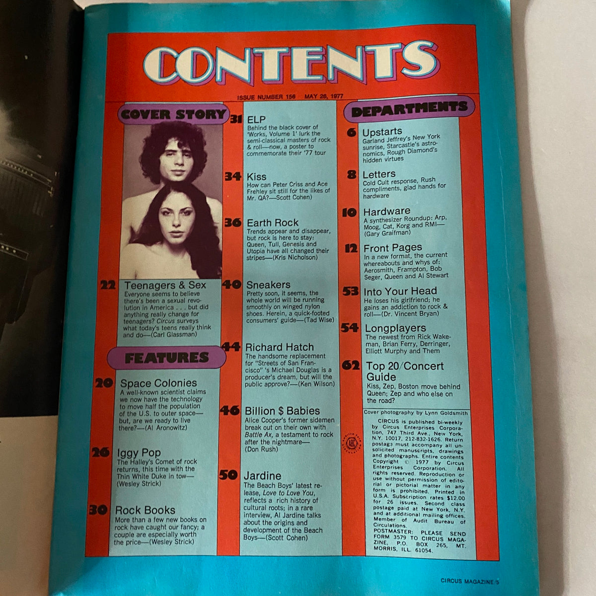 Contents page of VTG Circus Magazine May 26 1977, detailing features including Iggy Pop and the Billion Dollar Babies, and various music-related articles.
