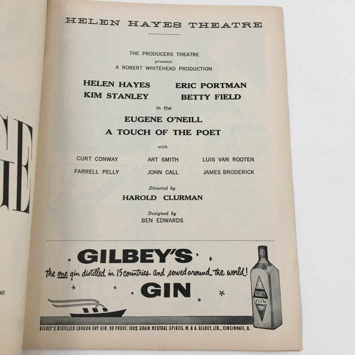 Interior page of the 1959 Playbill for Helen Hayes Theatre's 'A Touch of the Poet', listing cast and production details.
